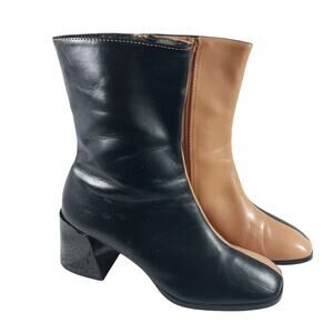 CODE Z! BLACK & TAN BEIGE SPLIT COLOR, CENTER SEAM, CHUNKY HEEL ANKLE BOOTS! 5M
